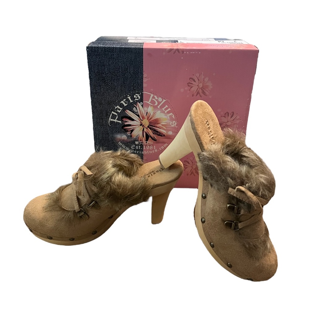 Paris Blues Belle Vintage Y2K Wooden Heel Clogs Shoes Suede Fur Size 7